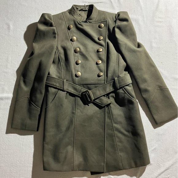 Green Wool Military Inspired Gold Button Pe Coat with Puff Sleeves - Picture 2 of 12